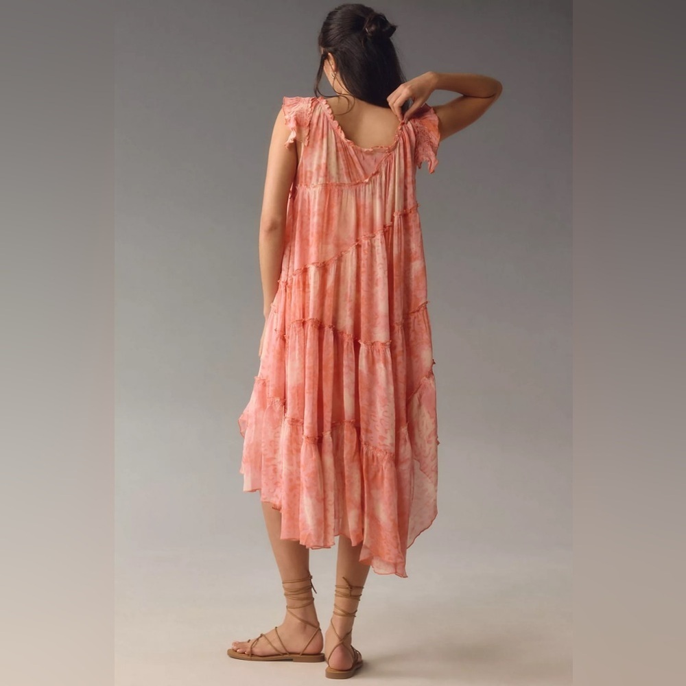 Anthropologie Asymmetric Hanky Tunic Midi Dress Boho Beach Cover Up Pink Peach L - Picture 2 of 9